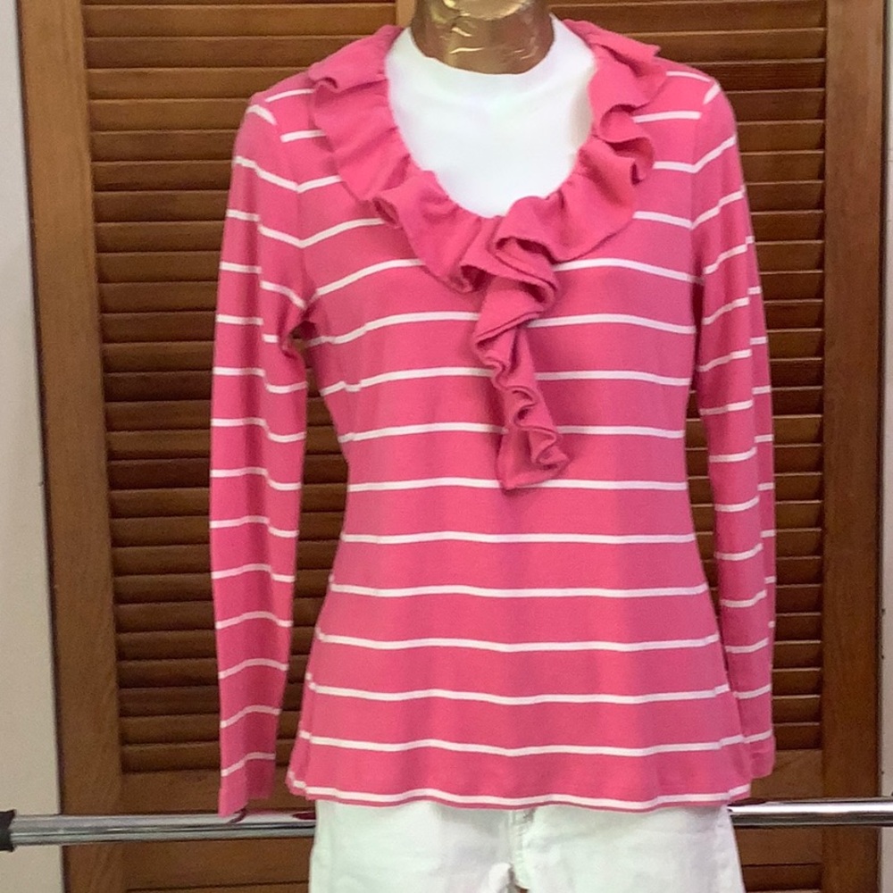 Brooks Brothers Pink Tee W/White Stripes & Ruffle